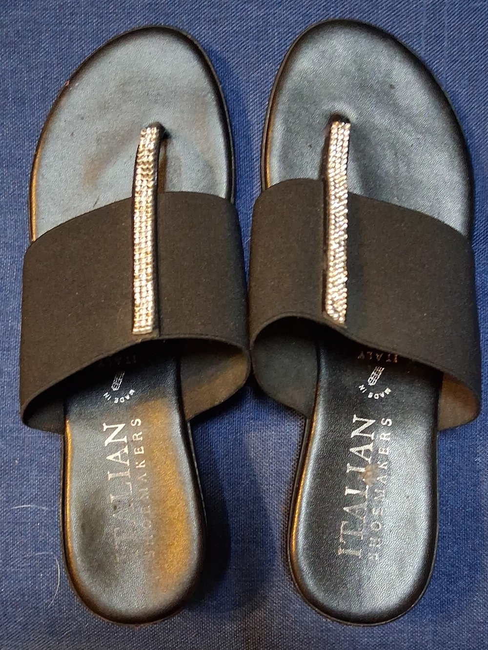 Italian Shoemakers Black Slide Sandals with Crystal Accent